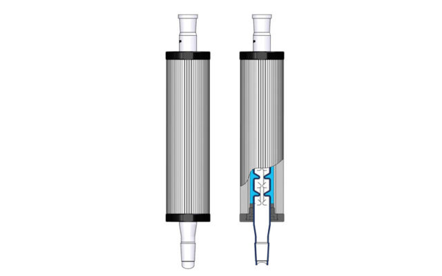 Findenser Findenser and cross section showing glass inner and heat transfer liquid. Alternative to water condensers for sustainability.